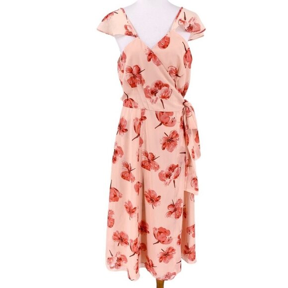 Modcloth Hutch Midi  Wrap Dress Womens Large Peach Pink Floral Adjustable Flowy - Picture 1 of 7